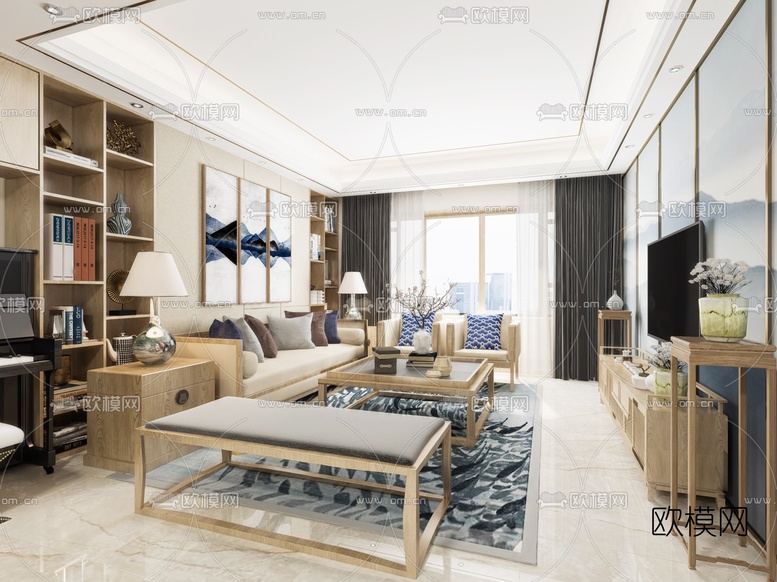 新中式客厅餐厅3d模型下载(渲染图1)