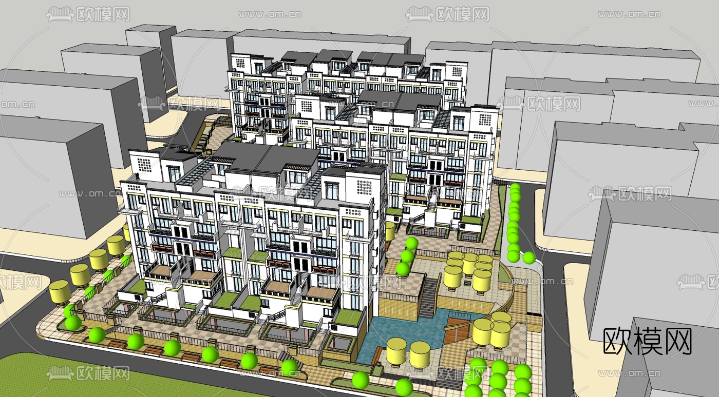 现代小区规划免费su模型下载（渲染图1）