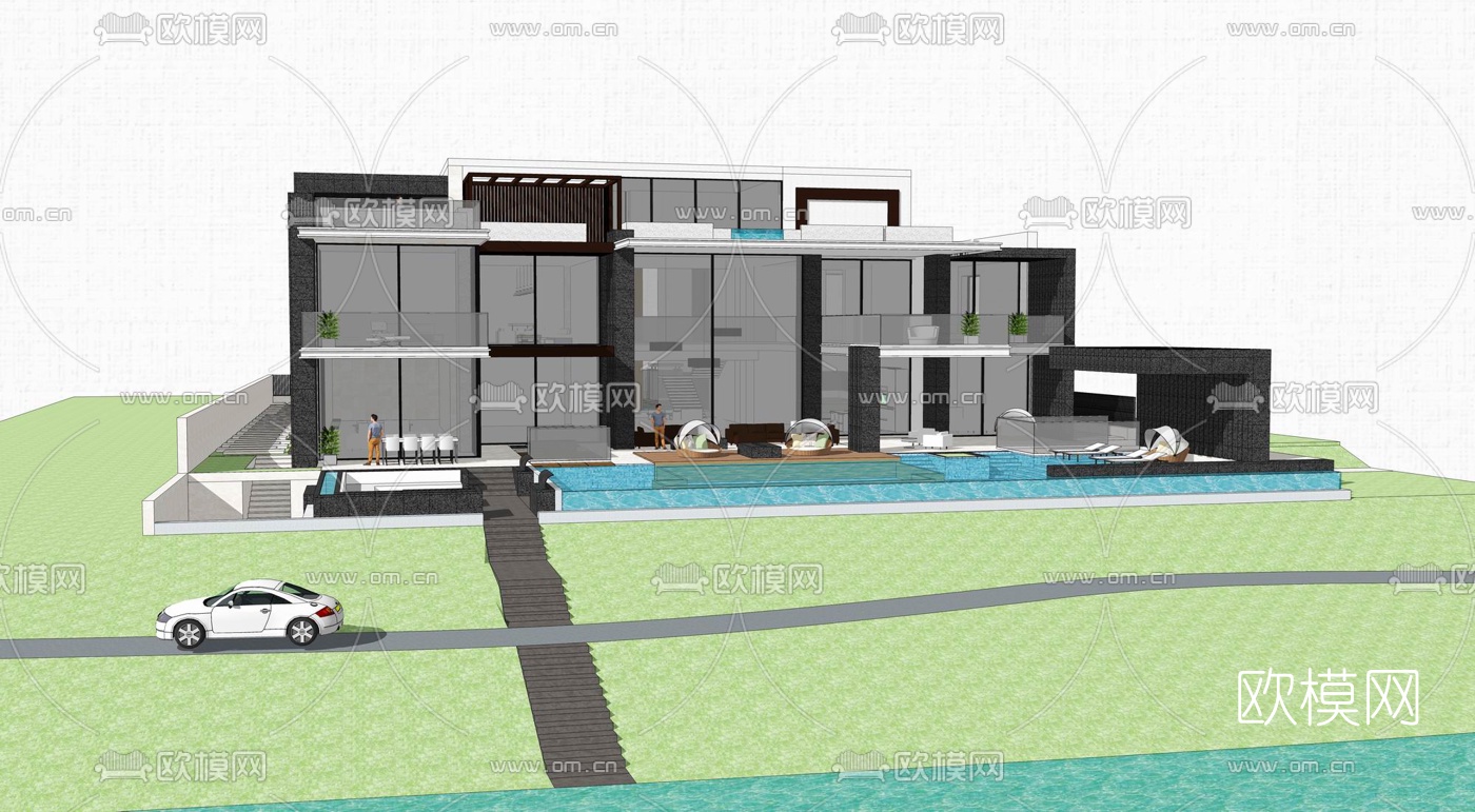 现代独栋别墅su模型下载（渲染图4）