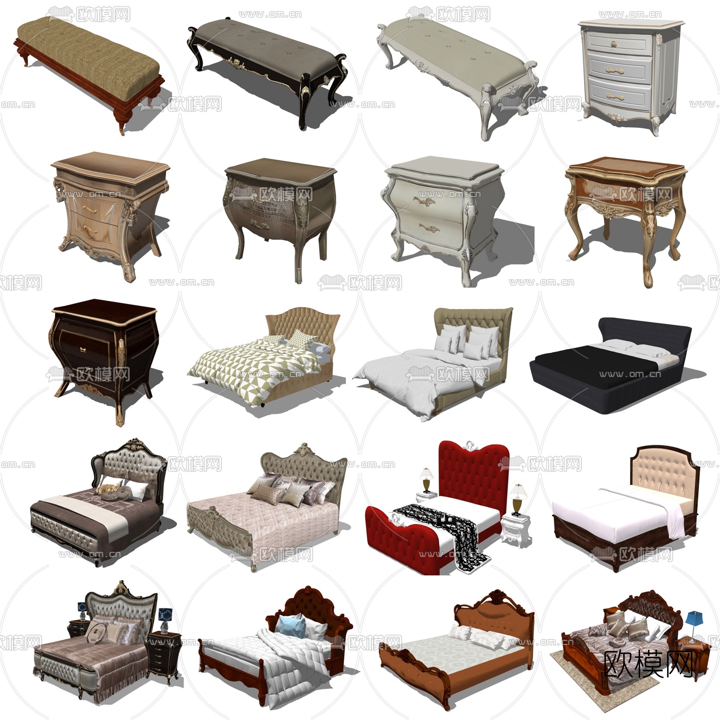 欧式双人床组合su模型下载