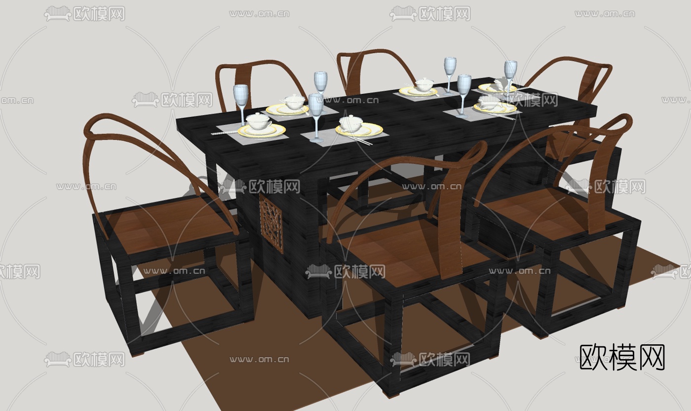 新中式餐桌椅免费su模型下载（渲染图3）