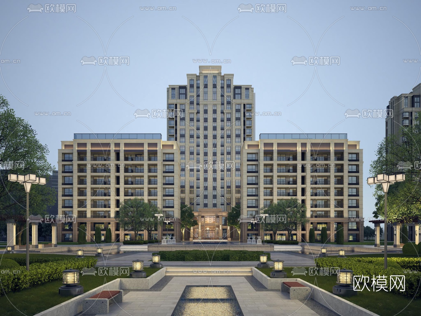 新中式住宅小区外观3d模型下载