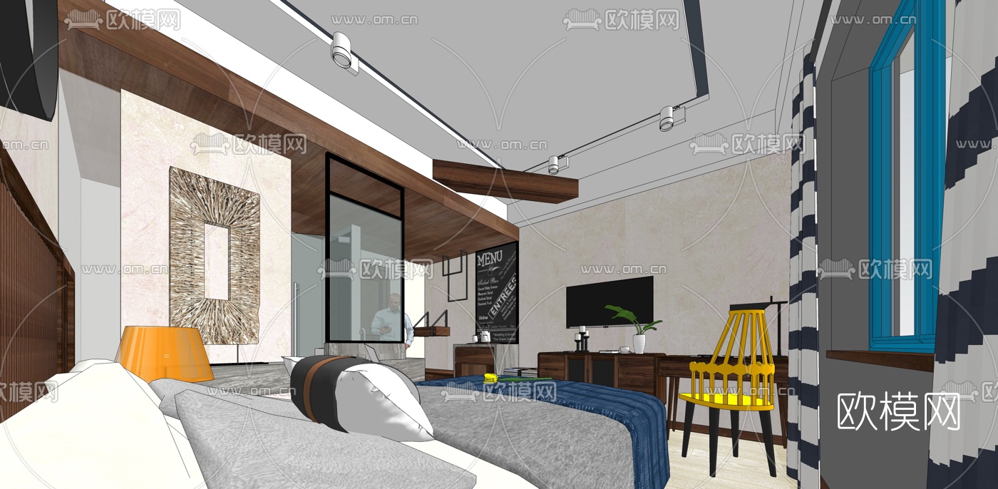 中式卧室主人房su模型下载（渲染图1）