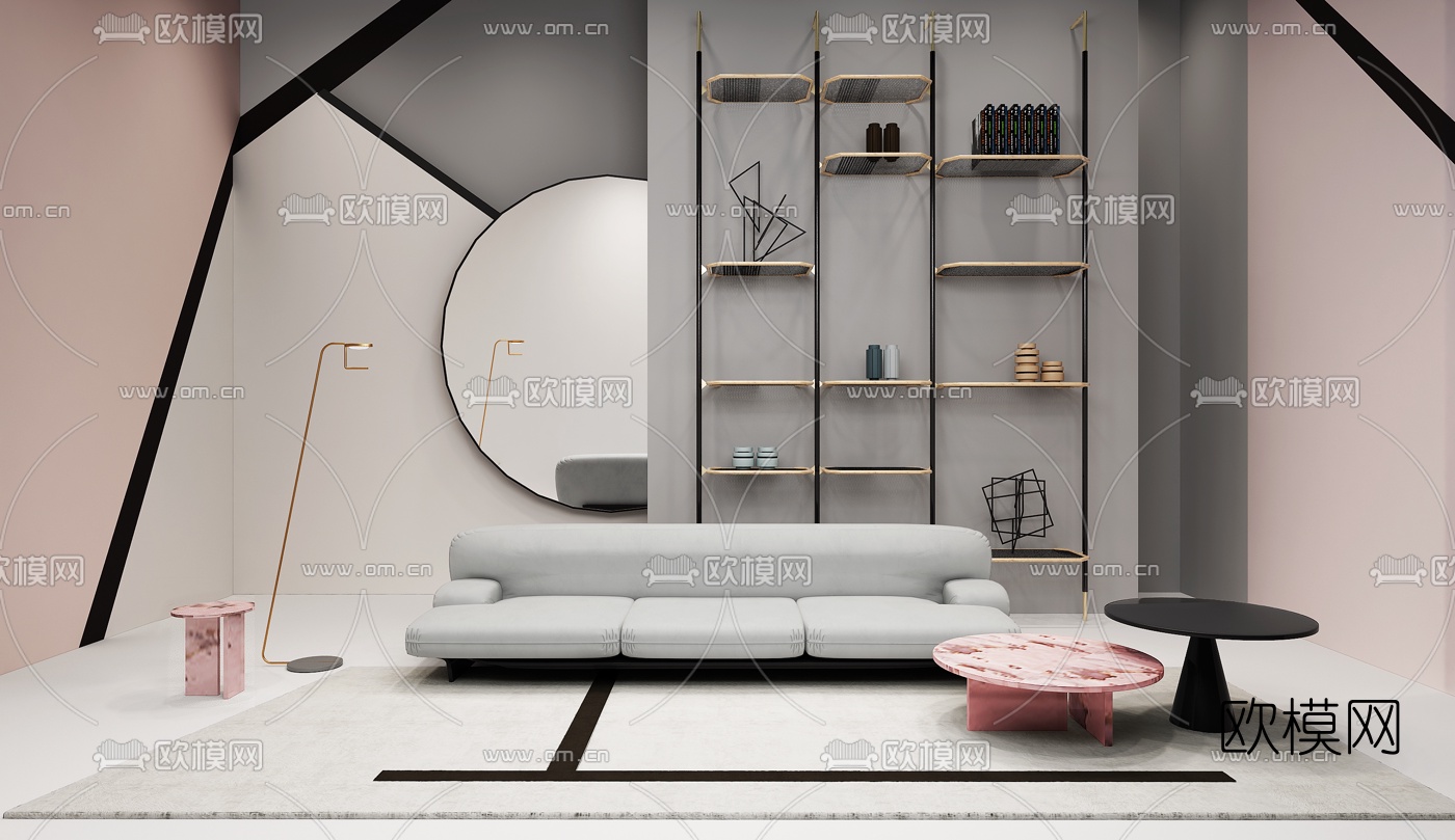 意大利BAXTER品牌 现代布艺沙发茶几装饰架组合3D模型下载