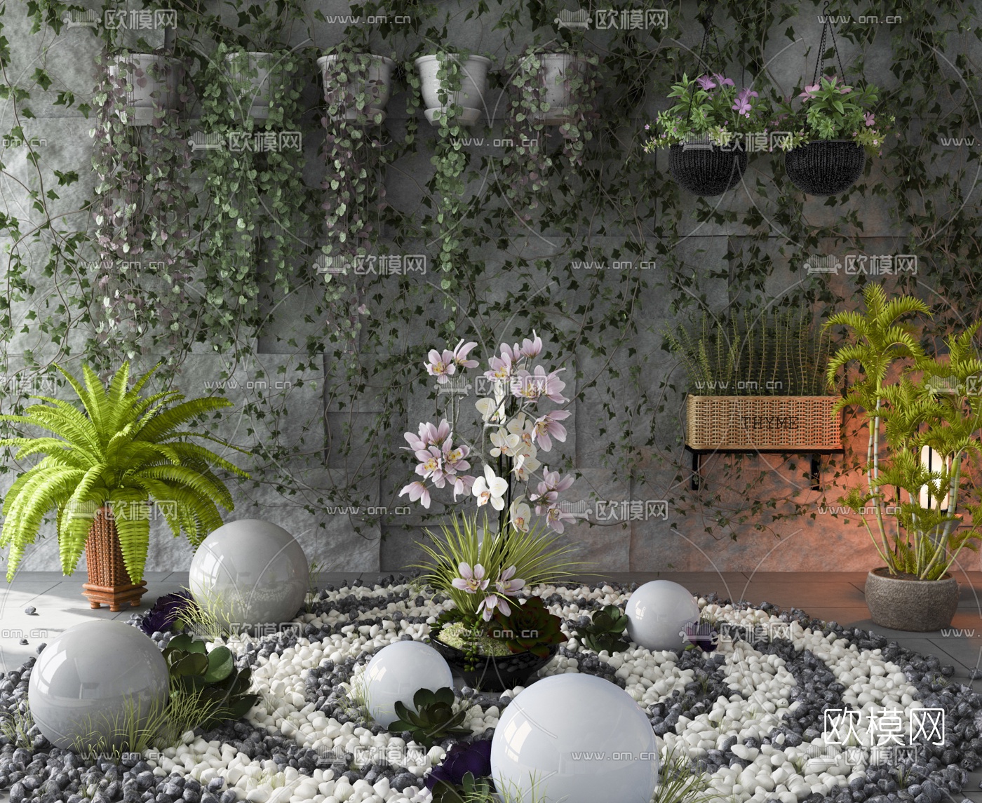 新中式庭院绿植景观小品3d模型