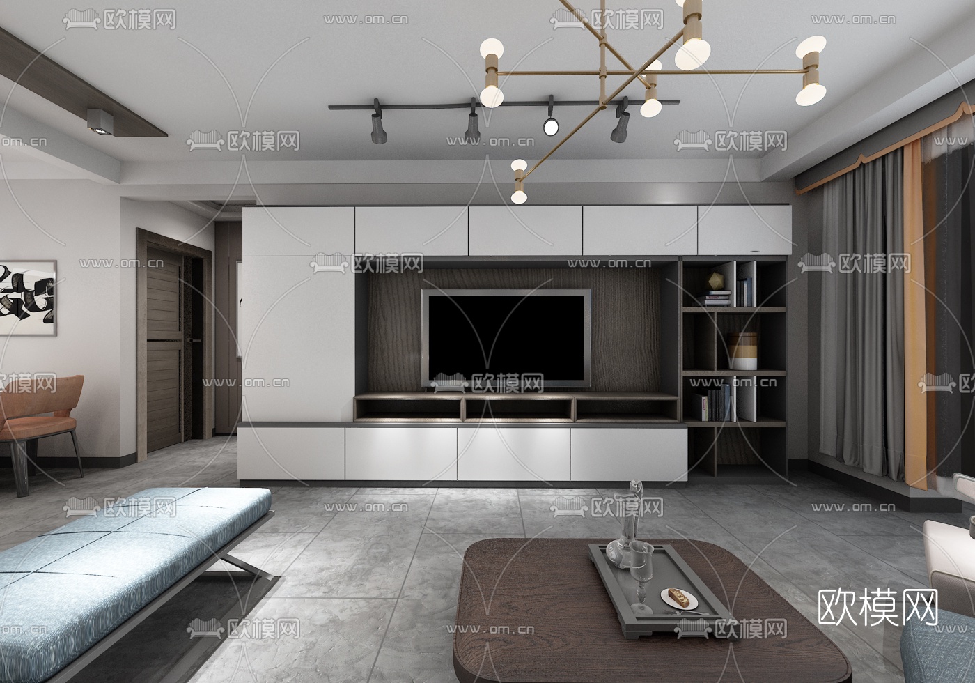 现代高级灰客厅餐厅3d模型下载（渲染图5）