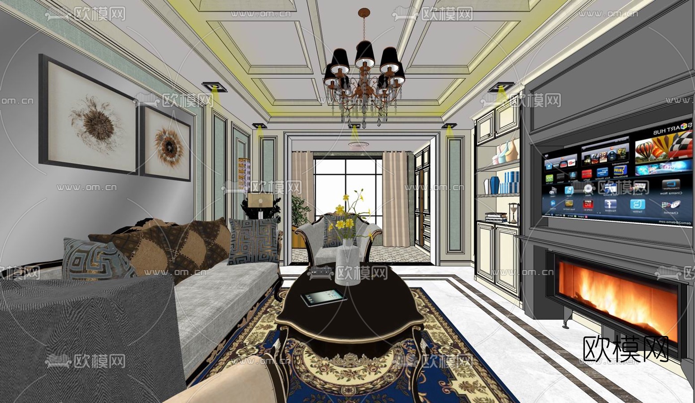 欧式客餐厅su模型下载（渲染图6）