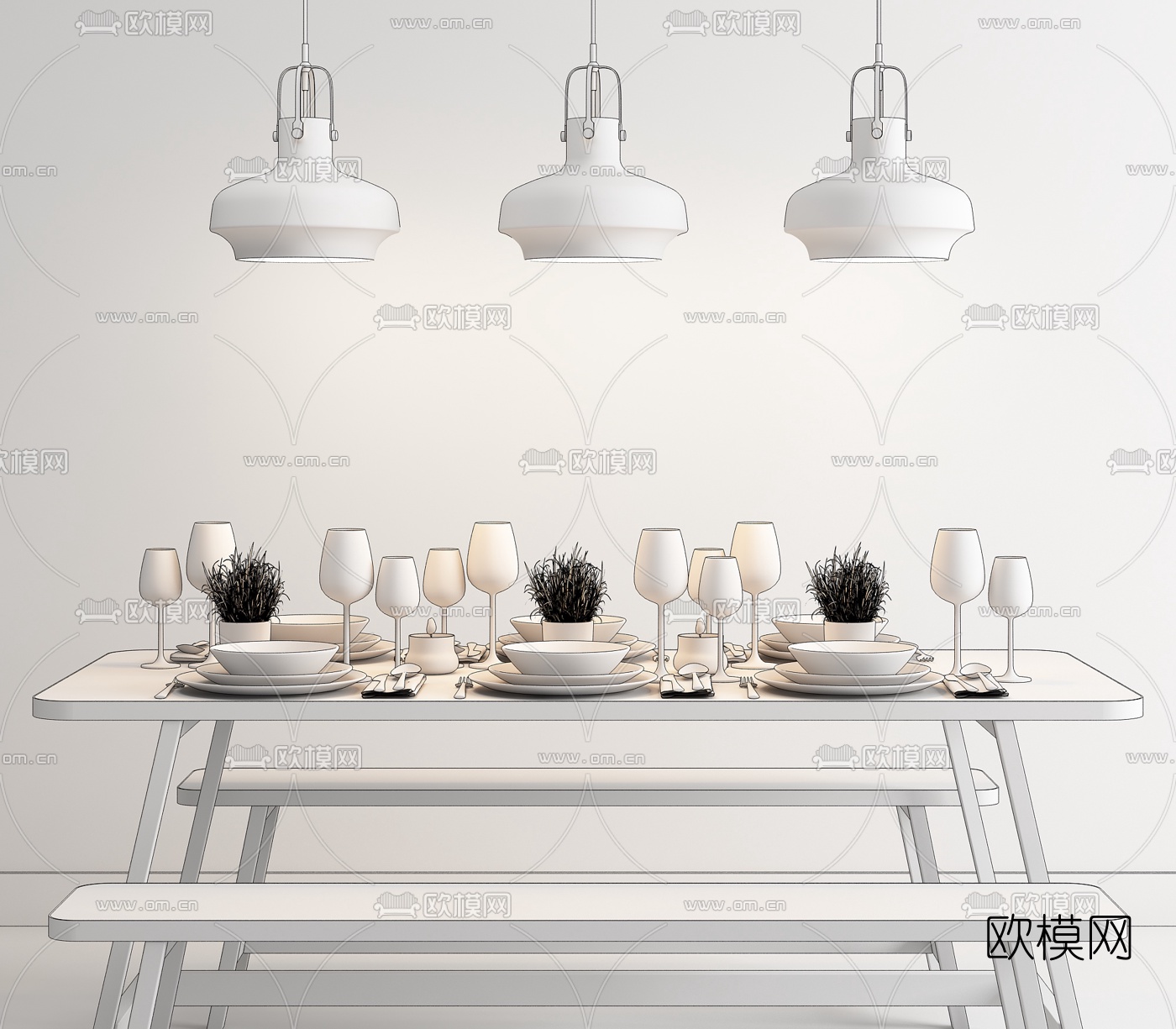 工业风餐桌凳子吊灯组合3D模型下载（渲染图3）