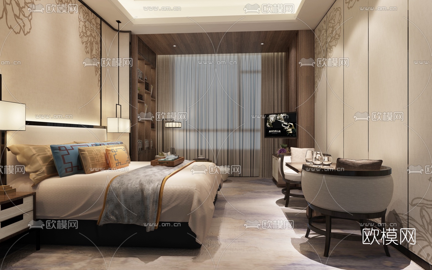 新中式酒店客房标间3D模型-免费3dmax模型库-欧模网