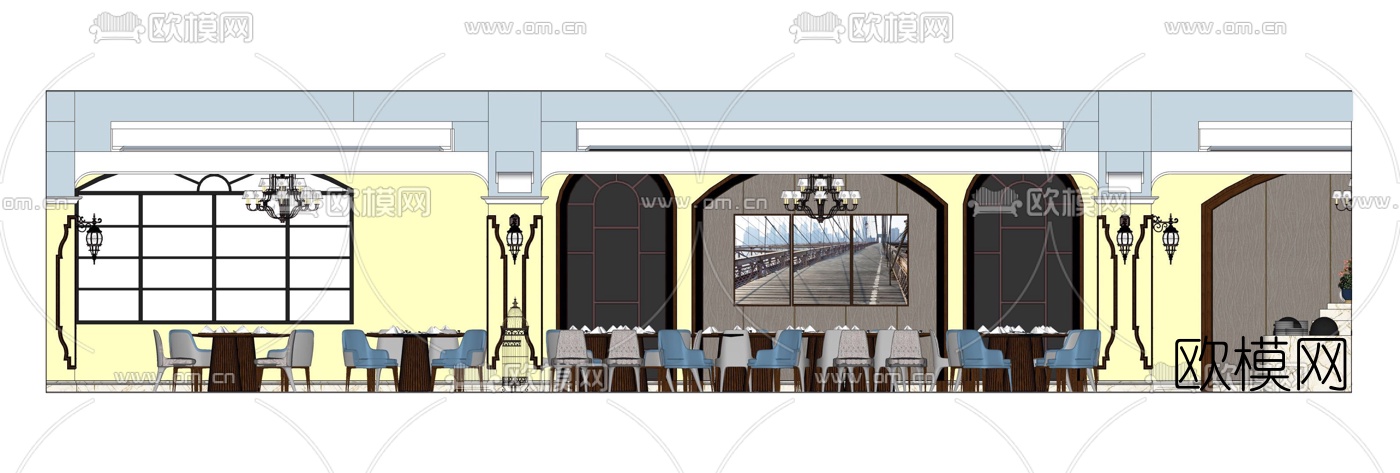 现代酒店宴会厅餐厅su模型下载（渲染图2）