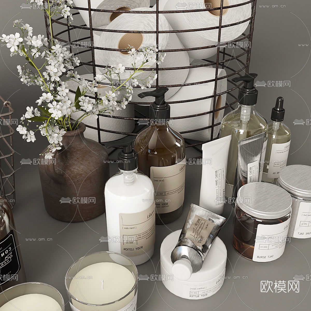 现代蜡烛沐浴洗漱化妆用品组合3d模型