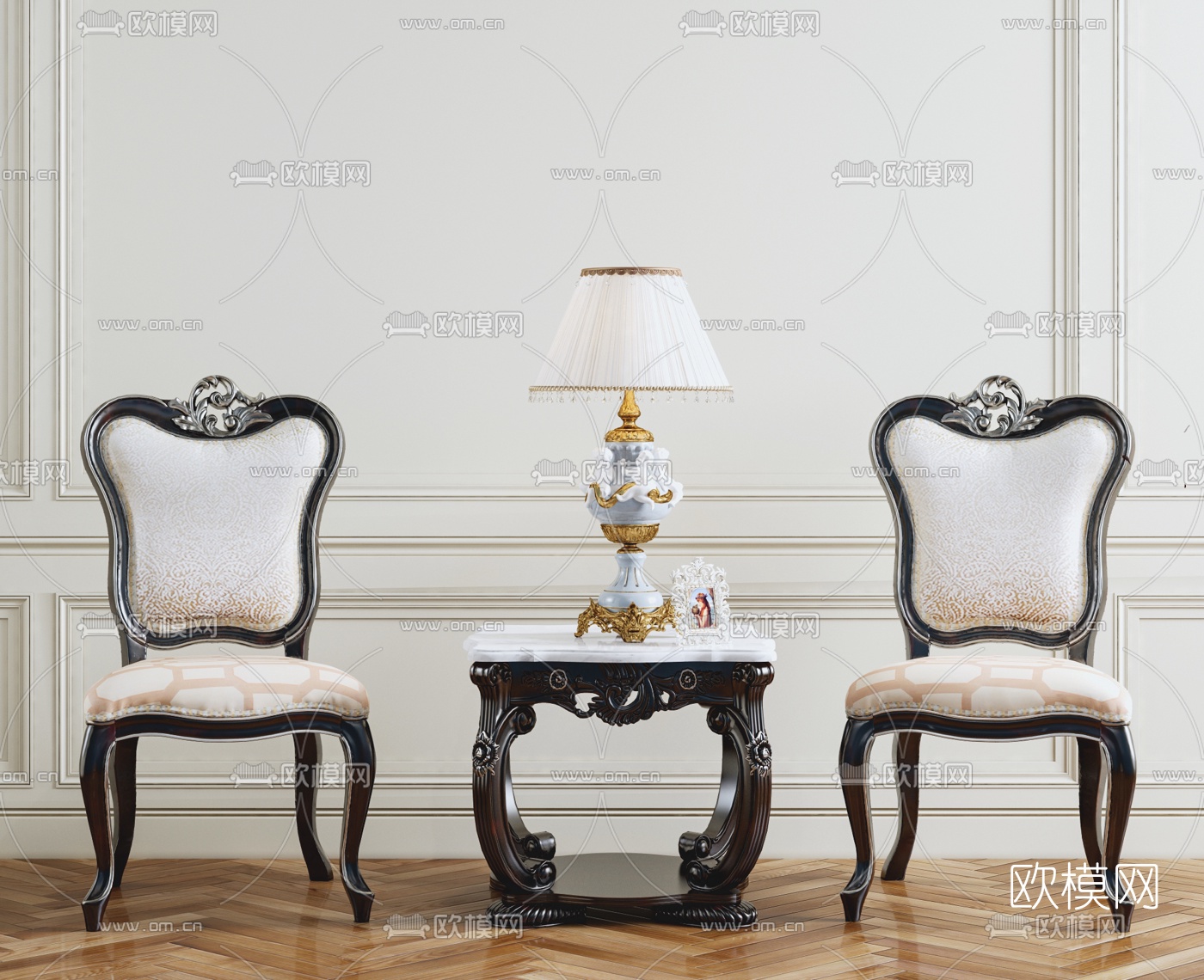 欧式单椅方几台灯组合3D模型下载