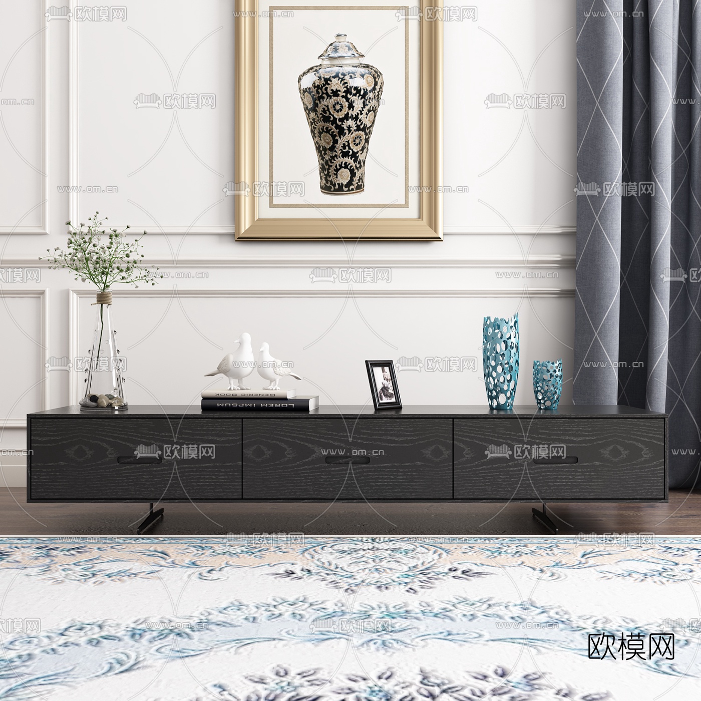 现代实木电视柜3d模型下载（渲染图1）