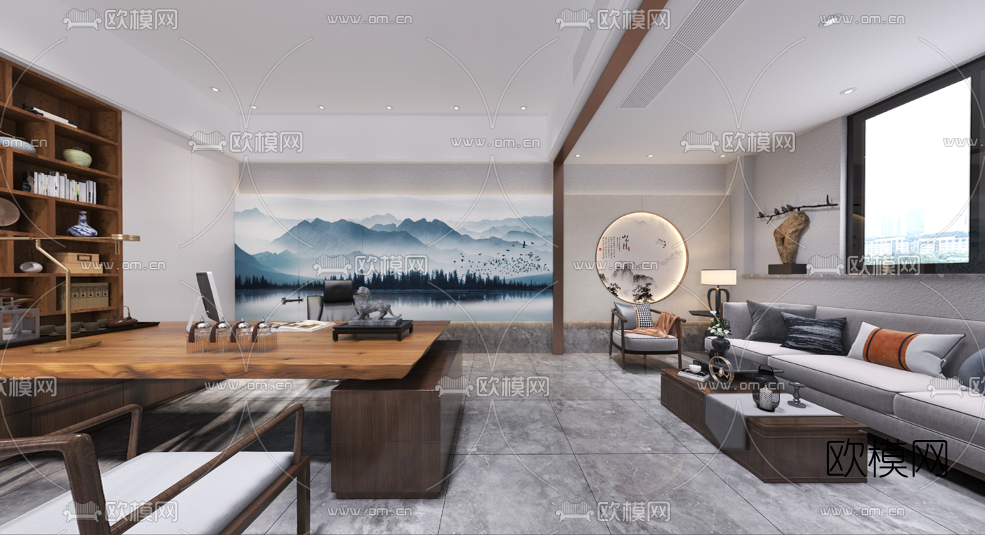 新中式董事长办公室全景3d模型