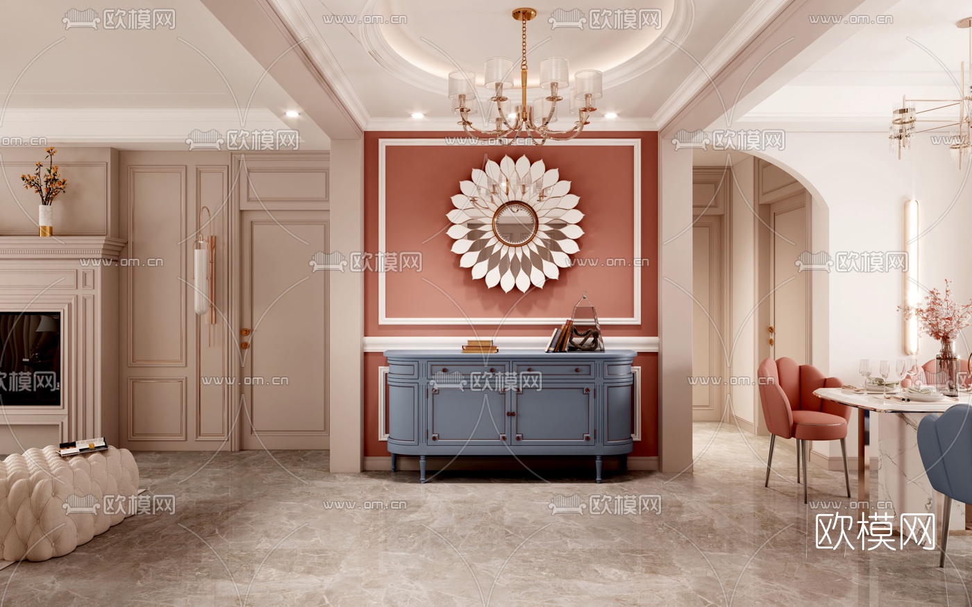 简美轻奢客厅餐厅3d模型下载（渲染图3）
