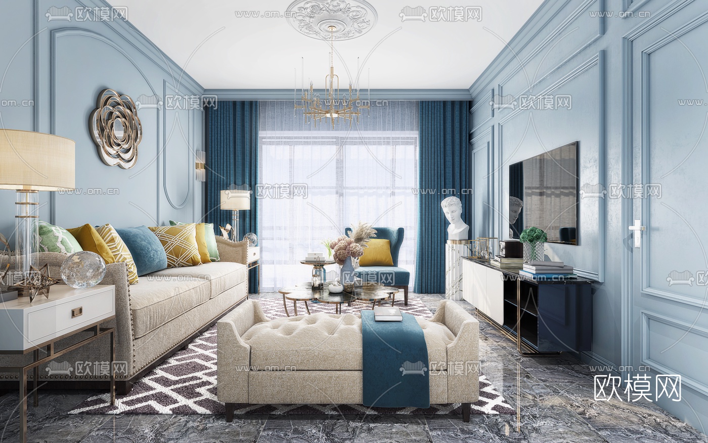 欧式客厅餐厅3d模型下载（渲染图2）