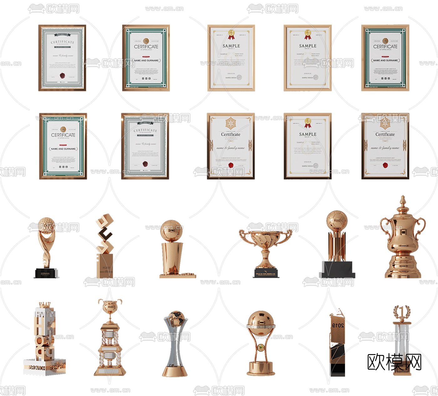 现代奖杯荣誉证书奖牌3d模型下载