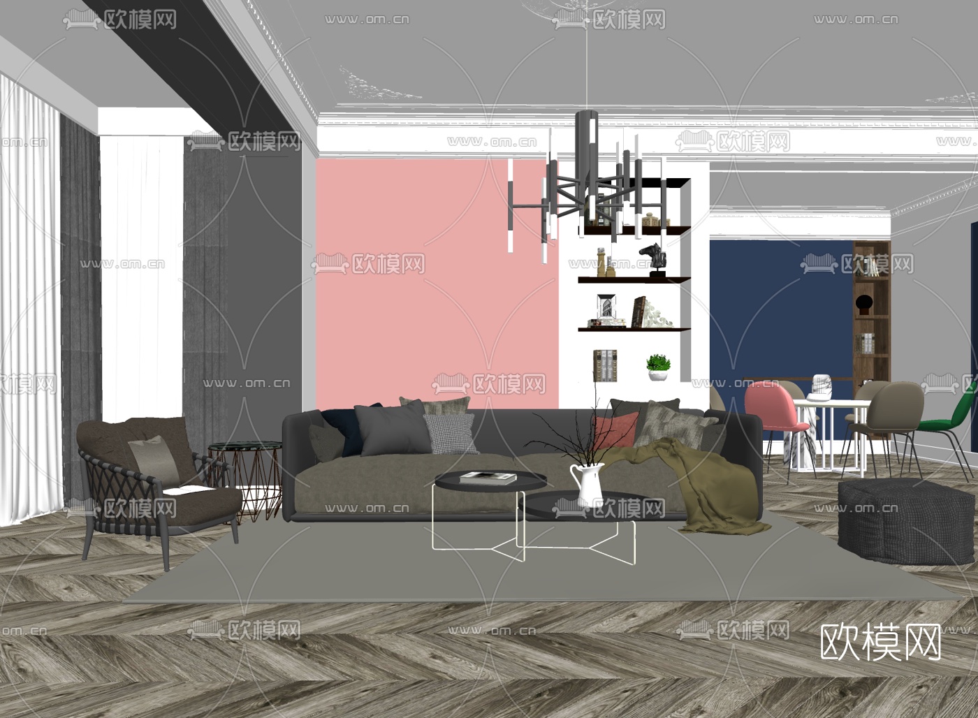 北欧客厅餐厅su模型下载（渲染图2）