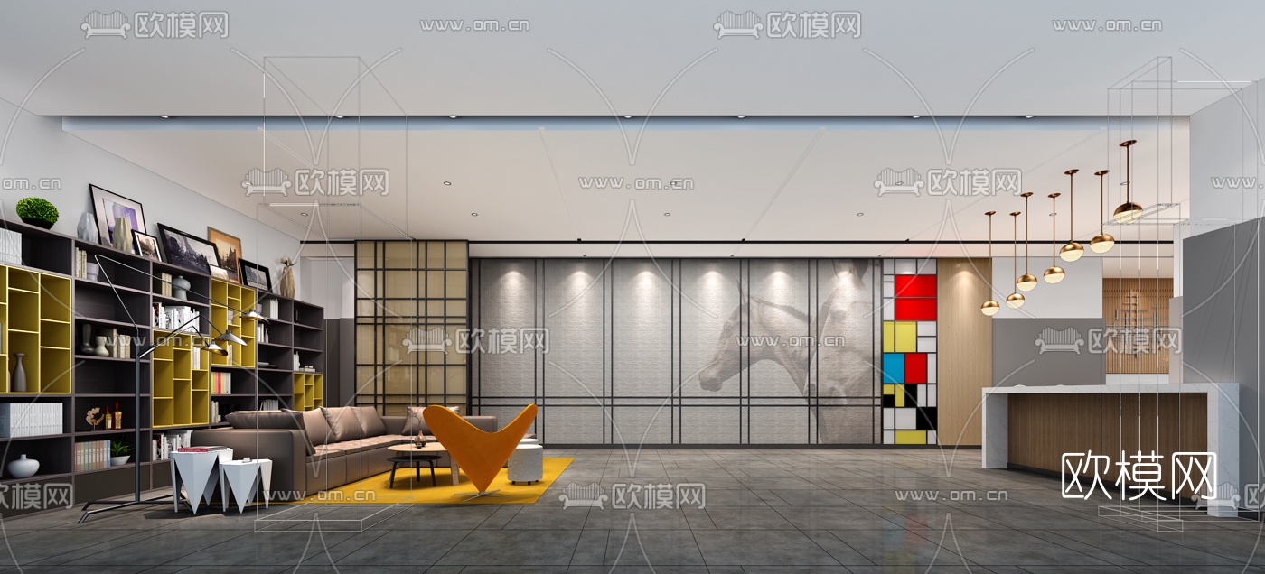 现代LOFT办公大厅前台3d模型-免费3dmax模型库-欧模网