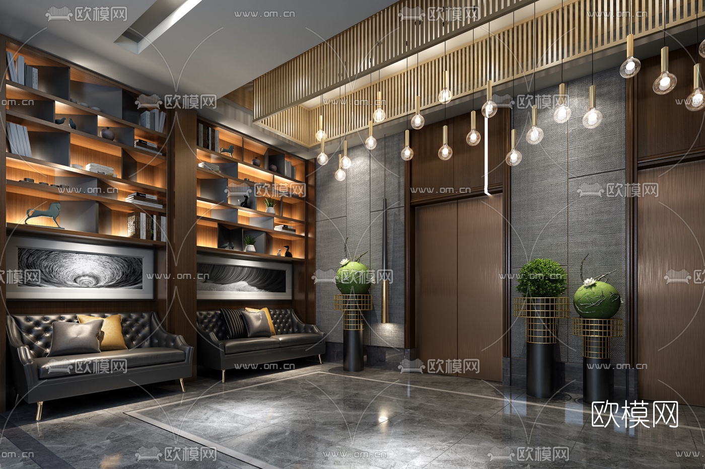 新中式电梯间3d模型下载（渲染图1）