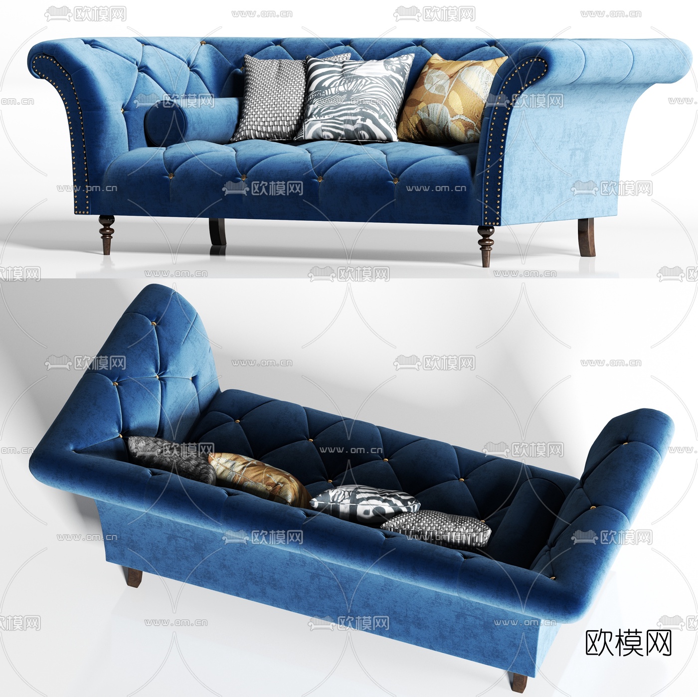 简欧蓝色绒布双人沙发3d模型