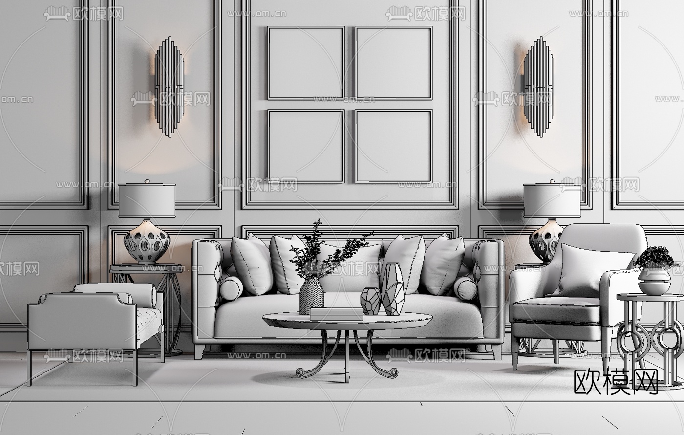 简欧沙发茶几壁灯装饰画台灯摆件3D模型下载（渲染图2）