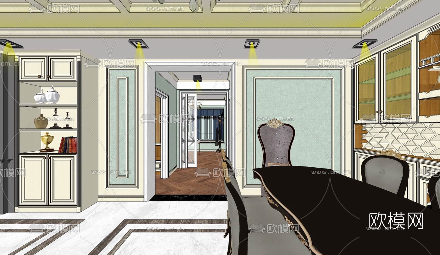欧式客餐厅su模型下载（渲染图3）