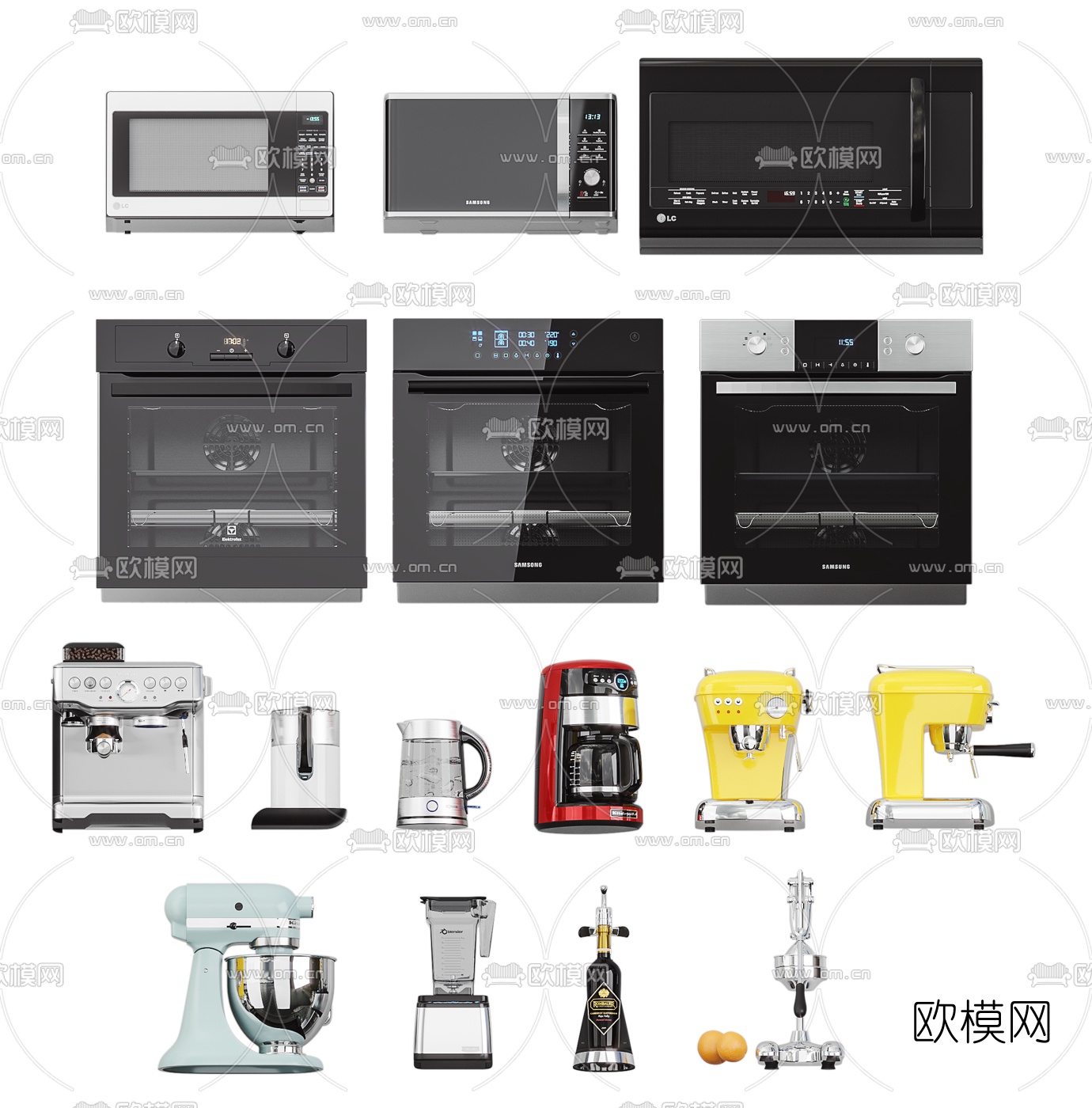 现代厨房冰箱烤箱微波炉厨具3d模型