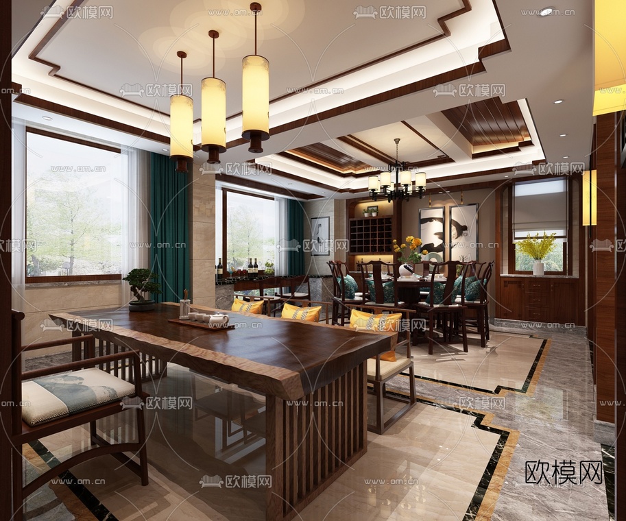 中式客厅餐厅茶台组合3D模型-免费3dmax模型库-欧模网