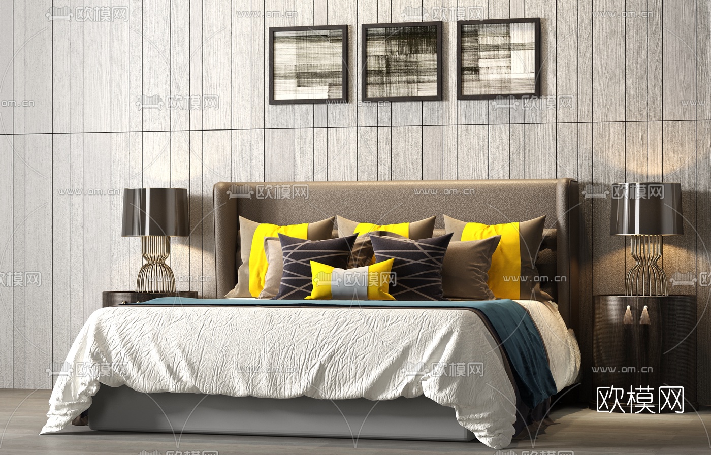 现代轻奢布艺双人床3d模型下载