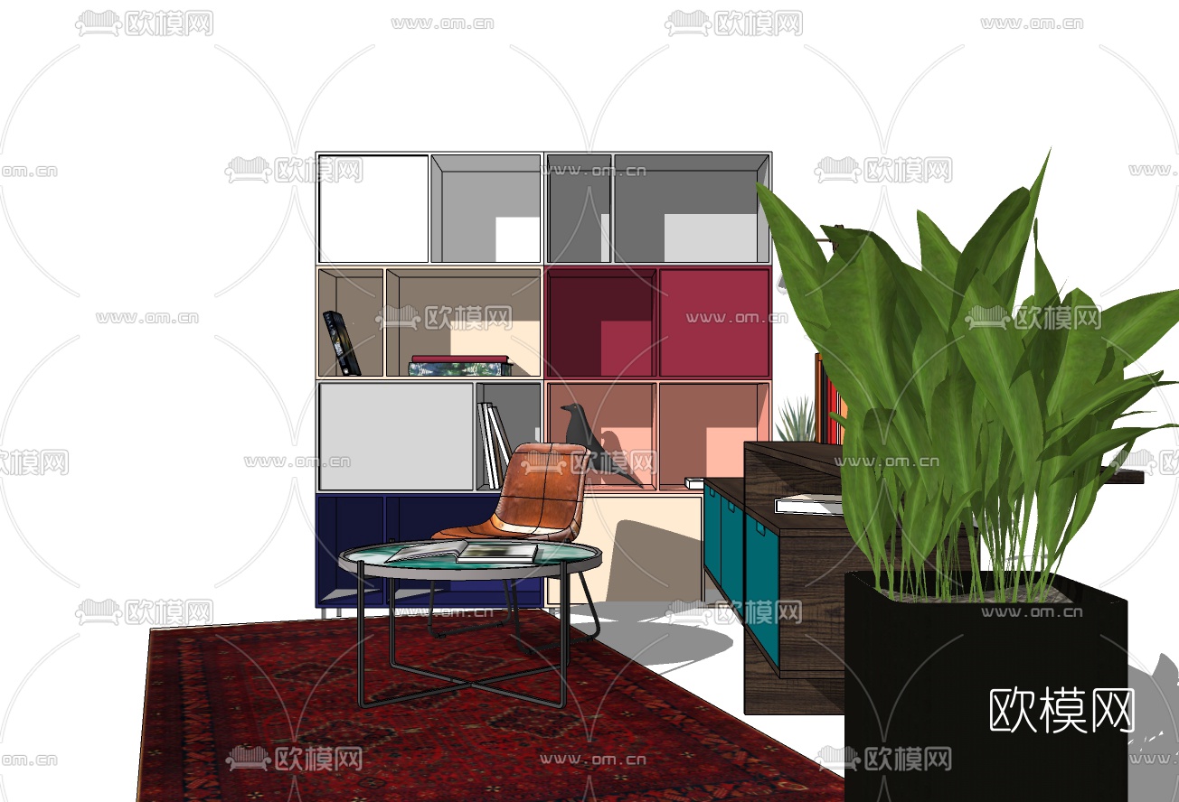 现代单椅装饰柜组合su模型下载（渲染图2）