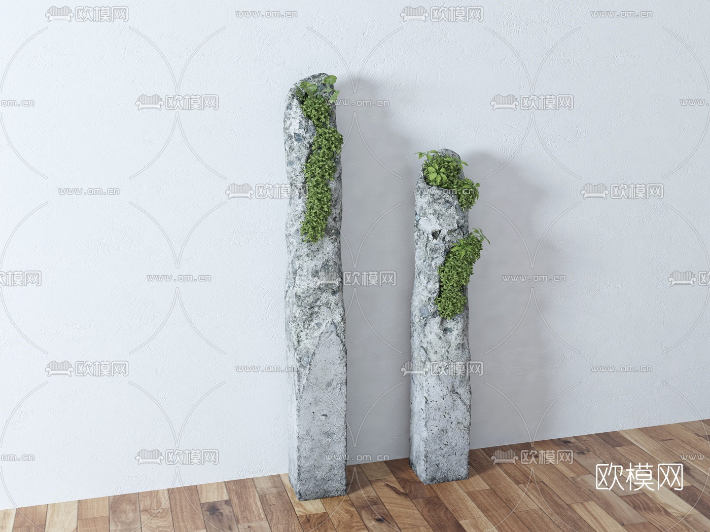 新中式石柱绿植小品3d模型