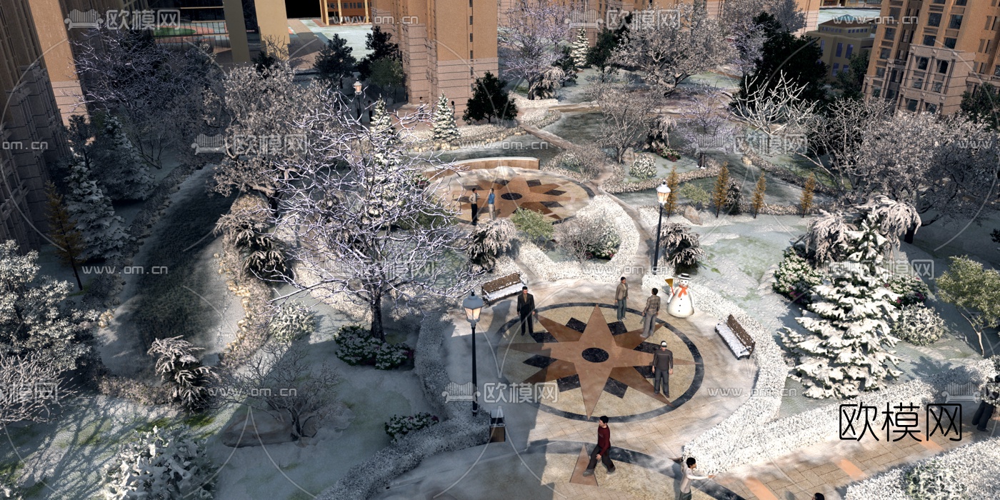 现代小区雪景园林景观3d模型下载