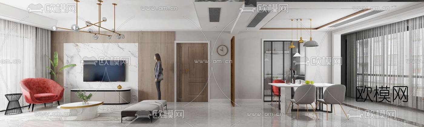 北欧客厅餐厅3d模型下载（渲染图1）