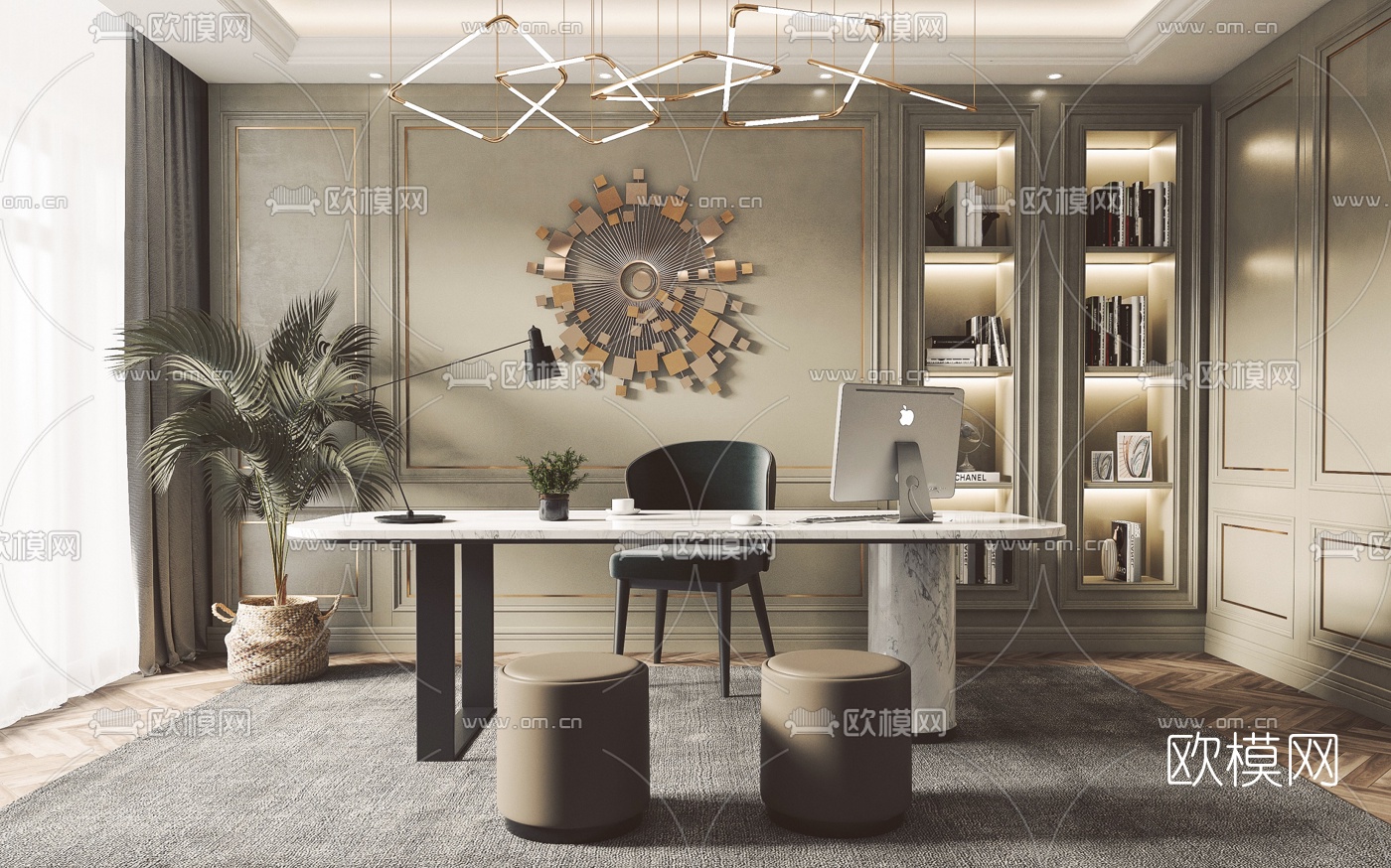 美式轻奢书房3d模型下载