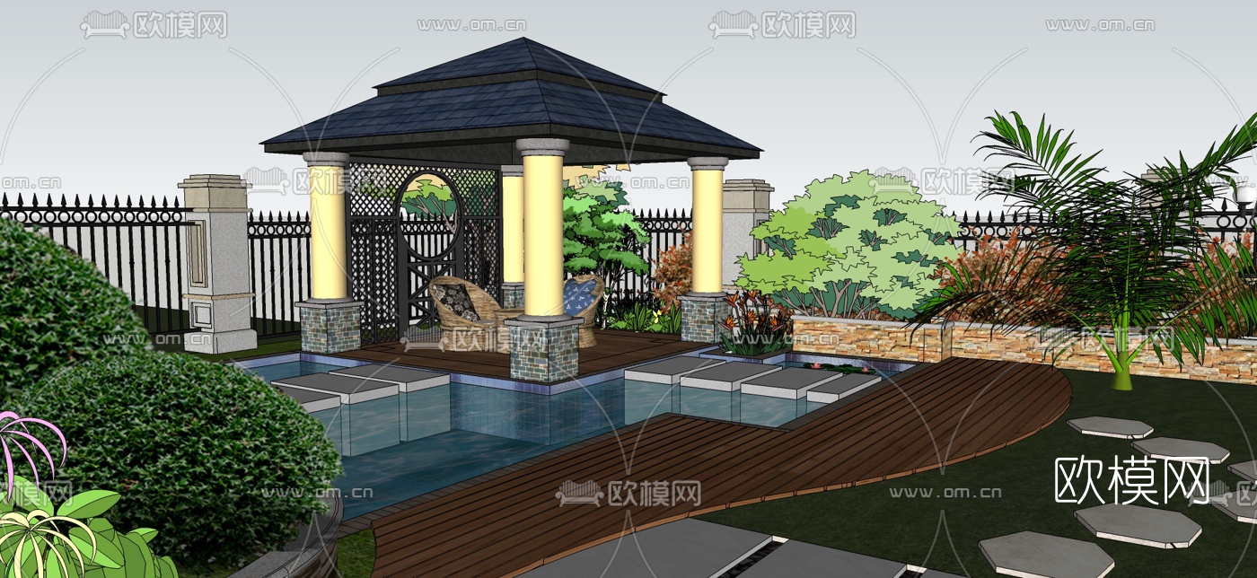 欧式别墅花园su模型下载（渲染图3）