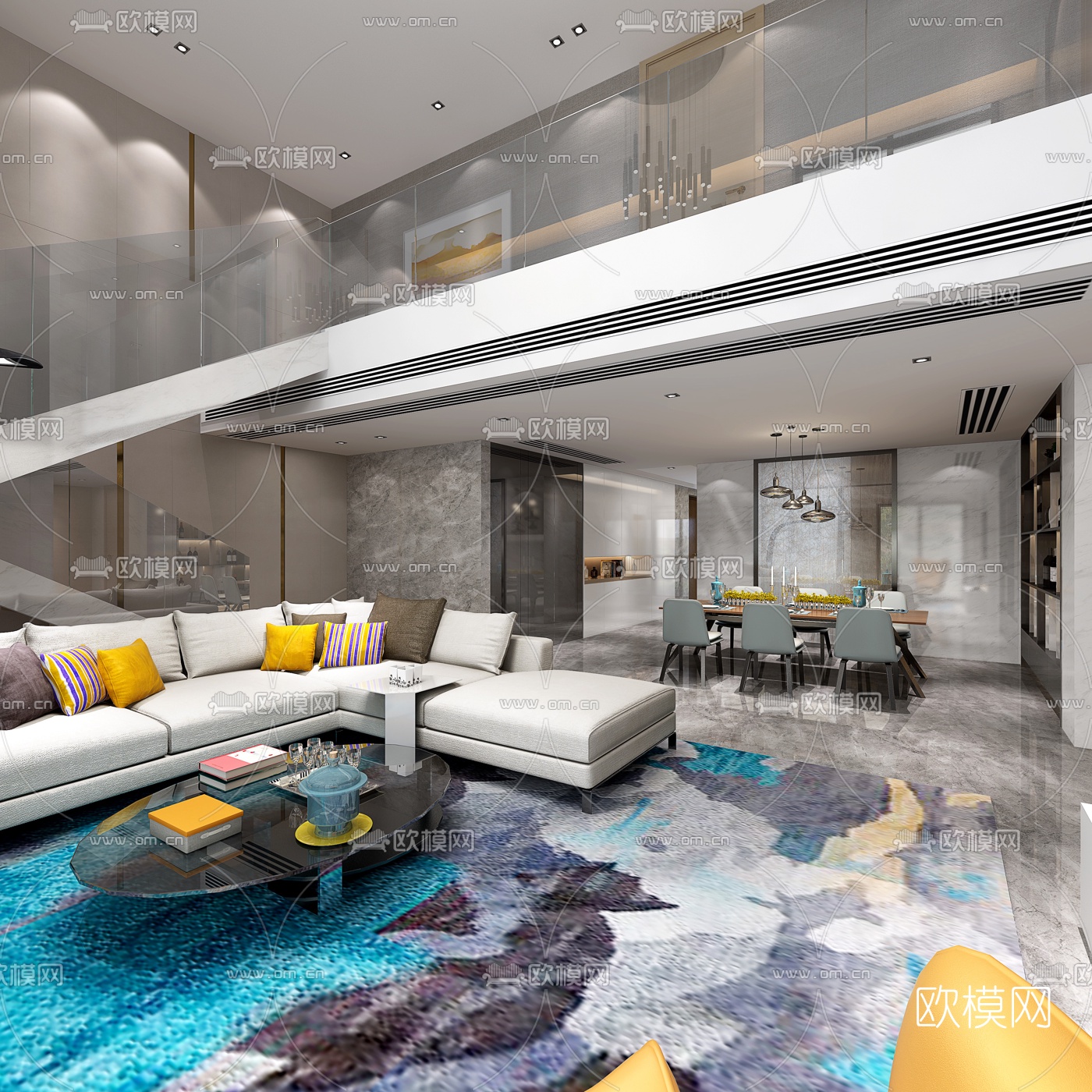 现代别墅客厅餐厅组合3D模型下载（渲染图1）