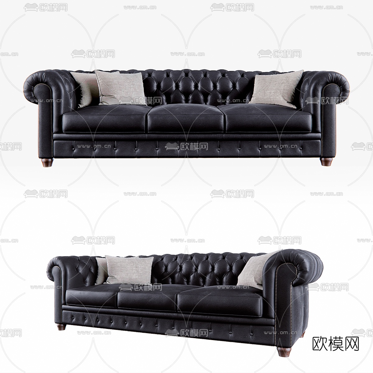 简欧皮革多人沙发3d模型下载（渲染图1）