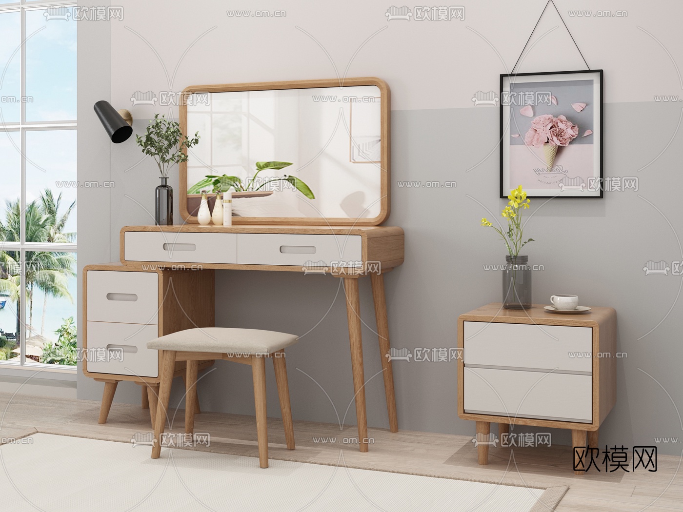 北欧实木梳妆台3d模型下载（渲染图2）