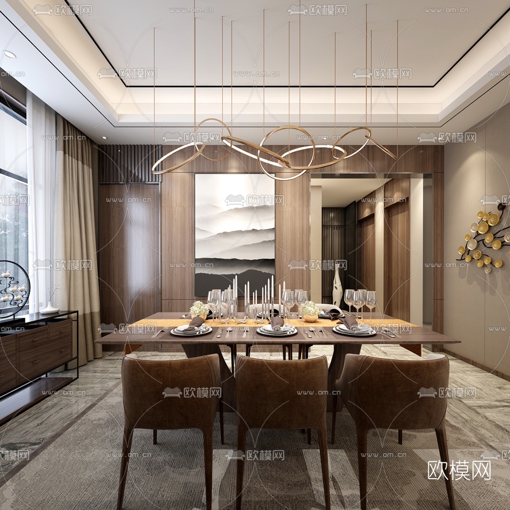 现代轻奢客厅餐厅3d模型
