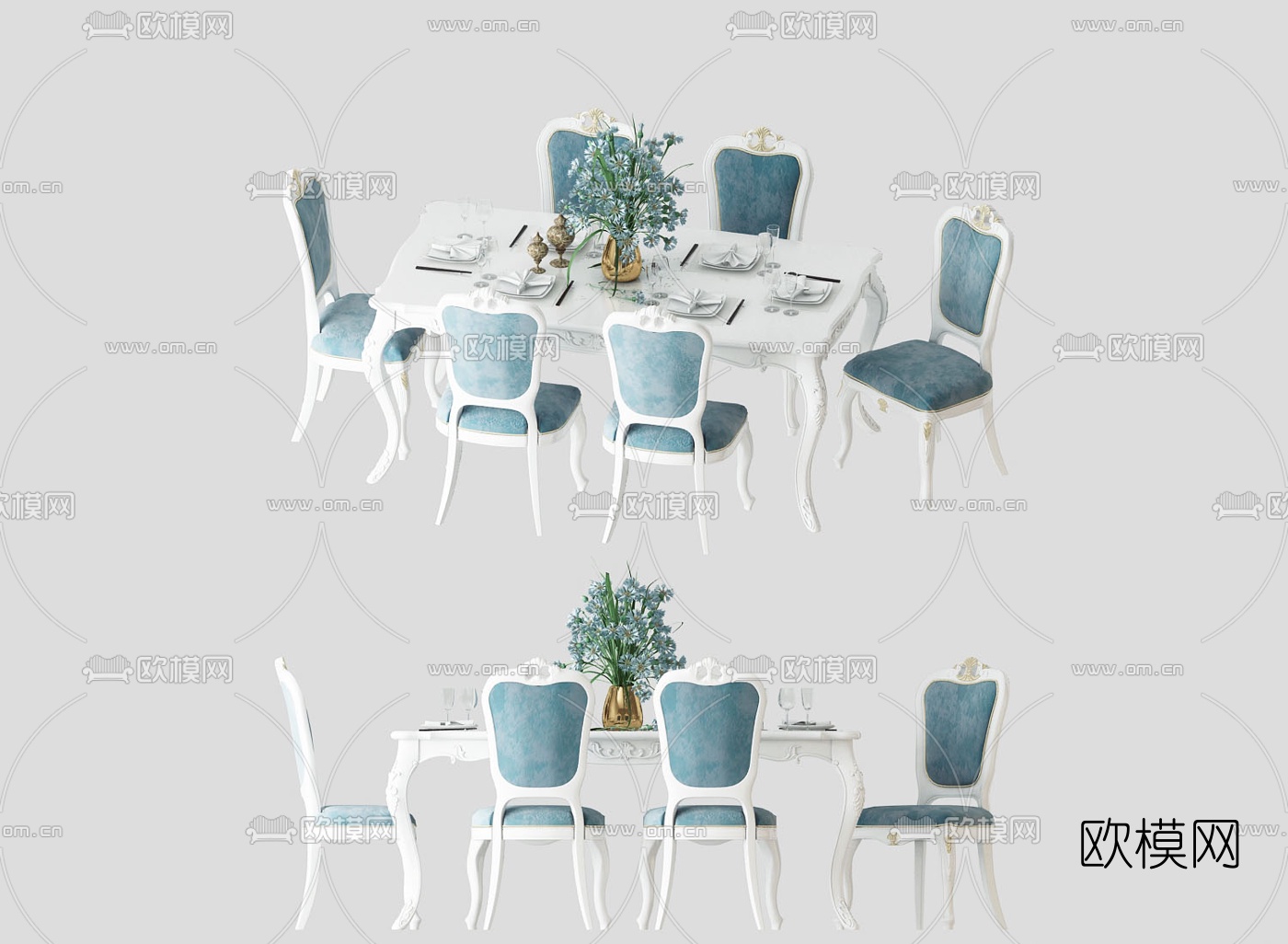 简欧长形餐桌椅3d模型下载