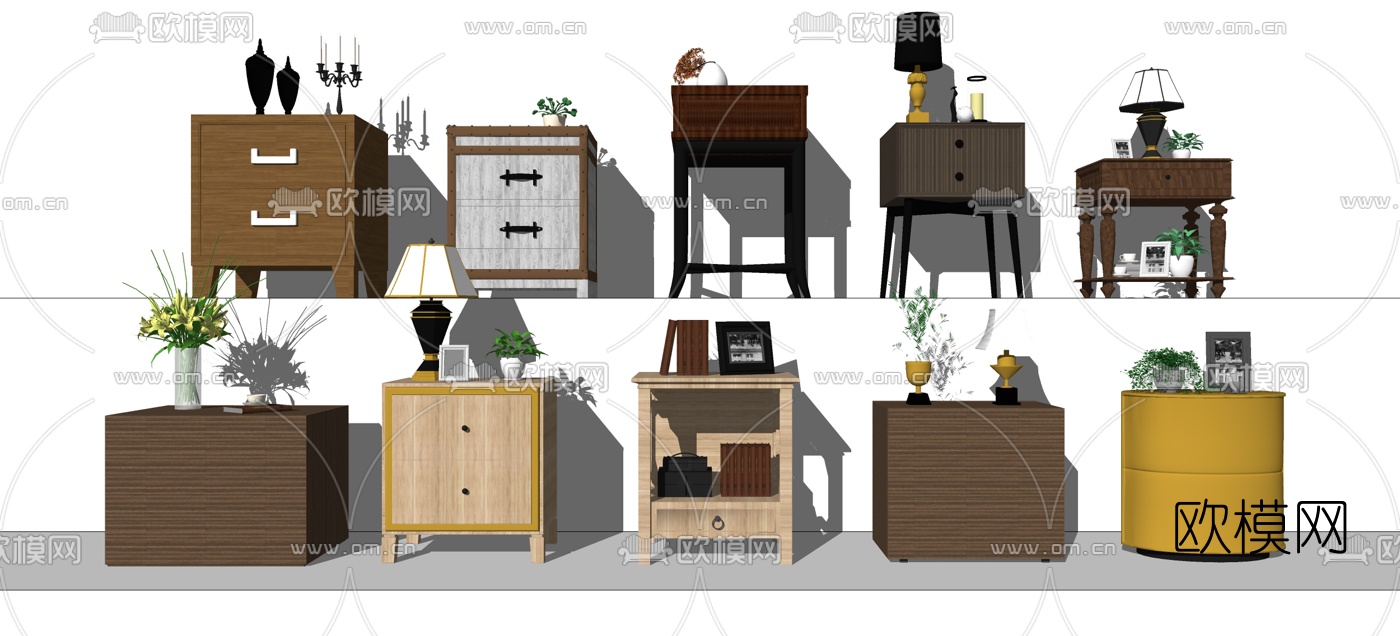 新中式实木床头柜组合su模型下载（渲染图1）