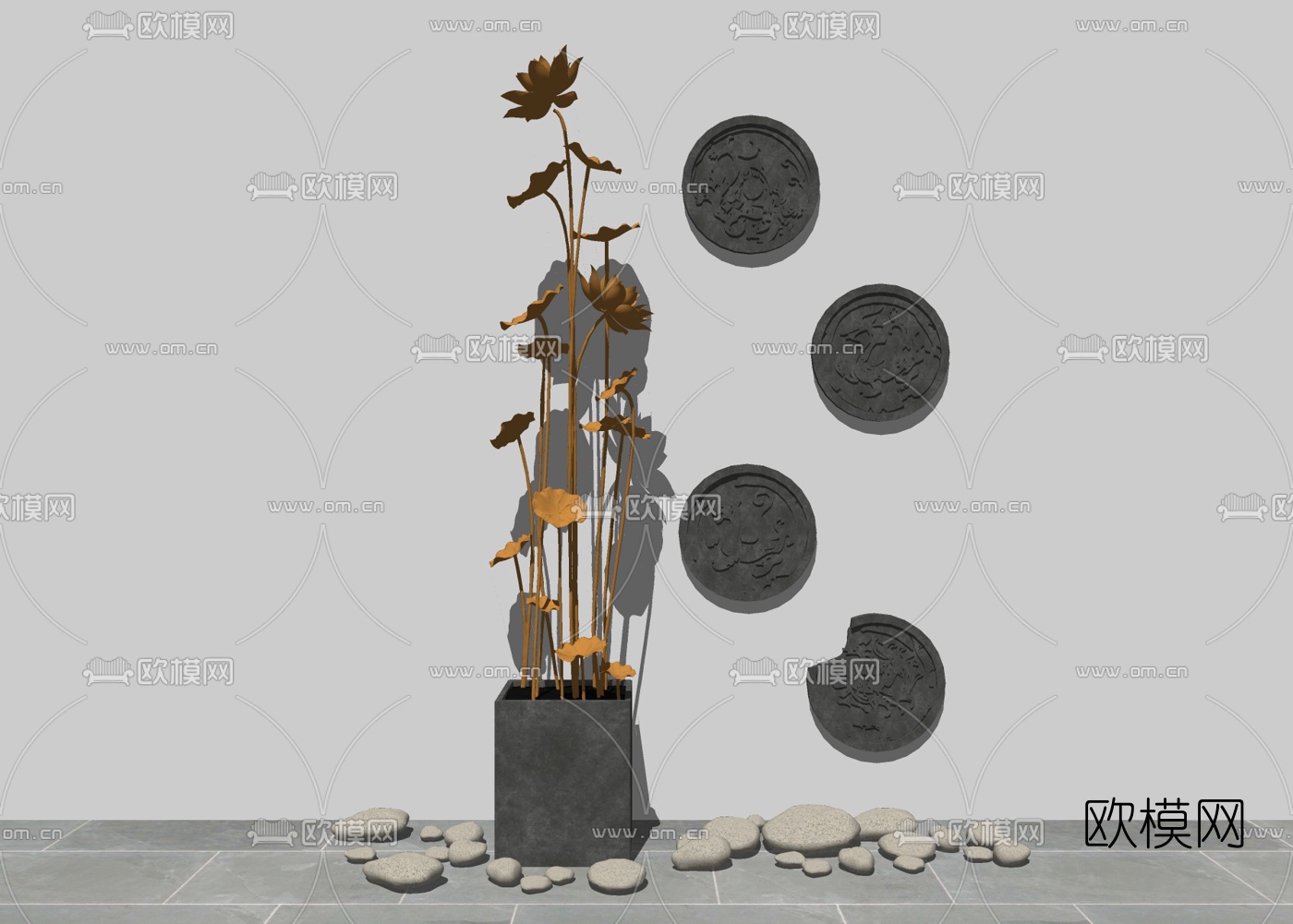 新中式金属荷花雕塑su模型下载