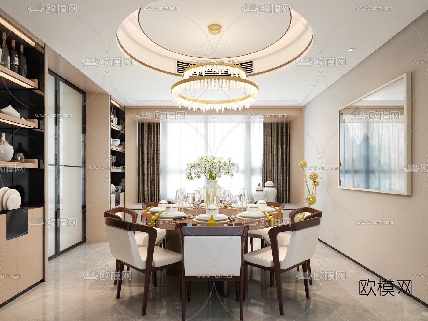 高文安设计新中式餐厅 3D模型下载（渲染图1）