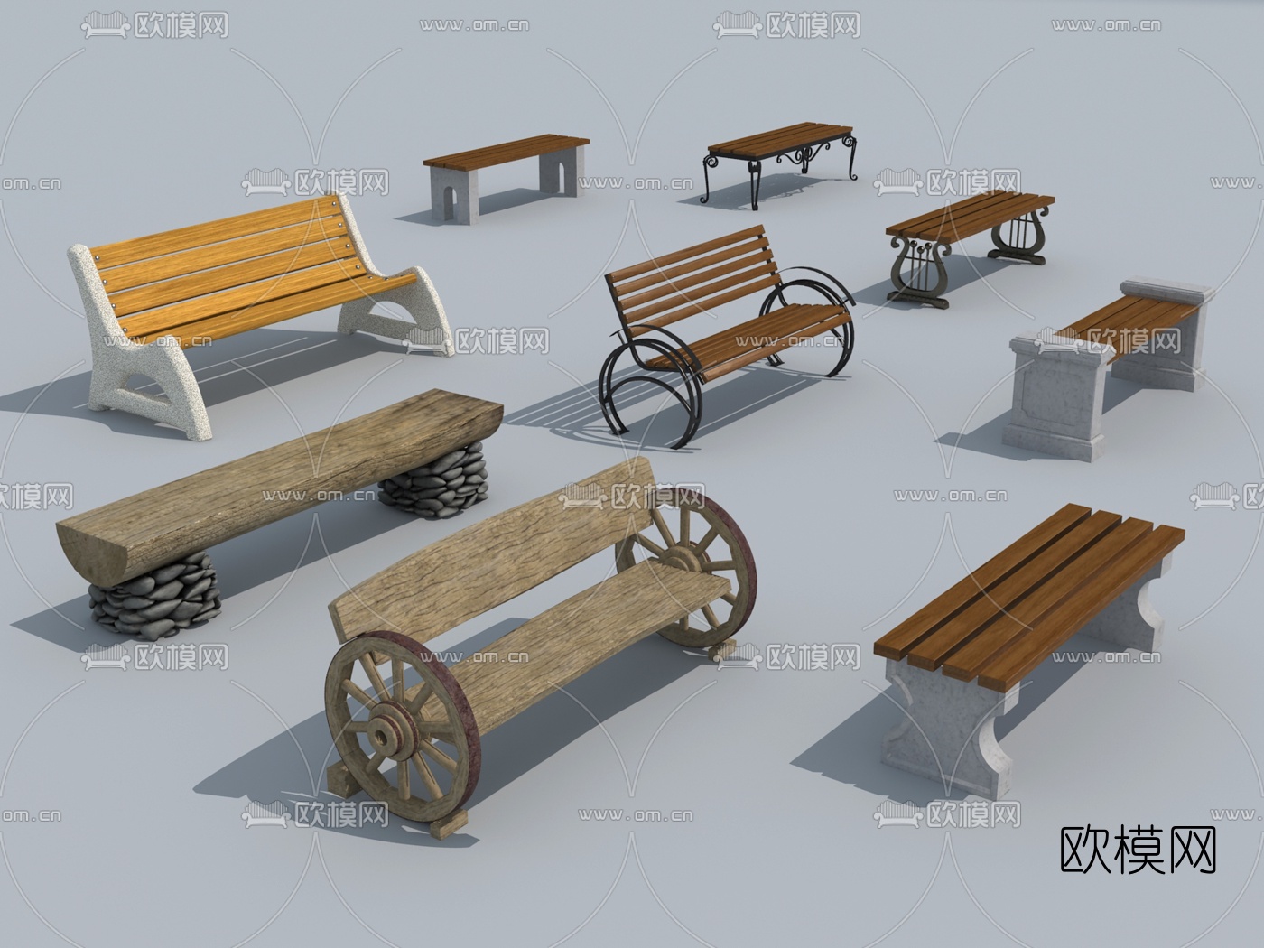 现代户外椅公园长椅组合3d模型