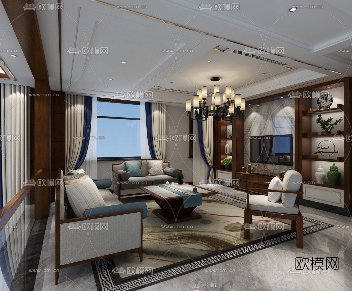 新中式别墅客厅餐厅3D模型