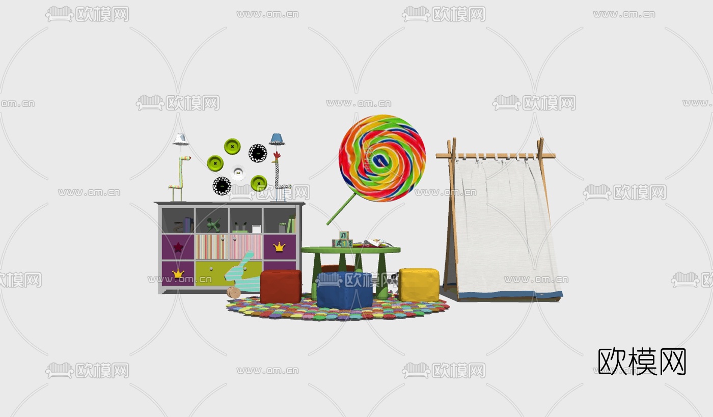现代儿童桌椅玩具组合su模型下载（渲染图2）