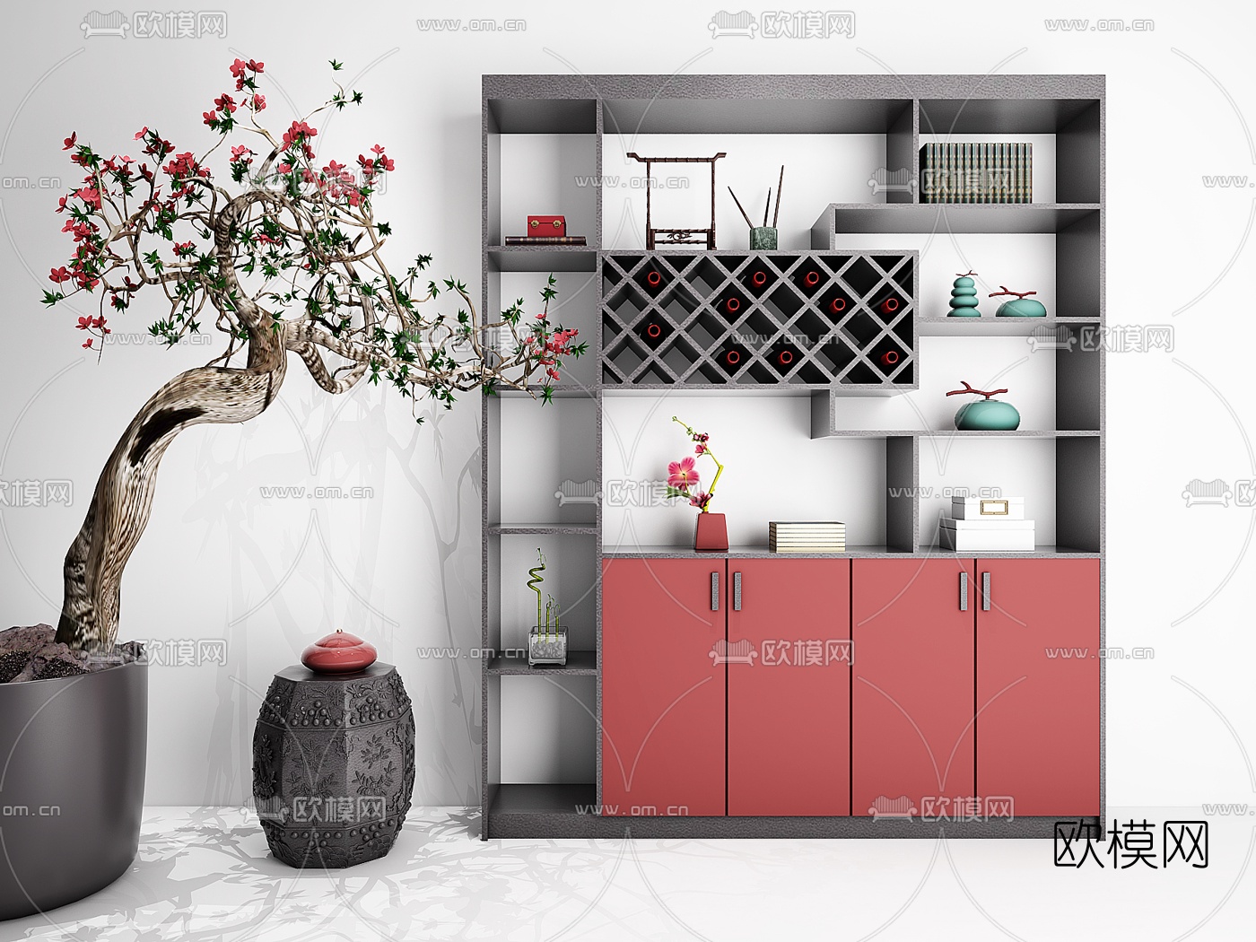 中式装饰柜摆件盆景组合3D模型下载