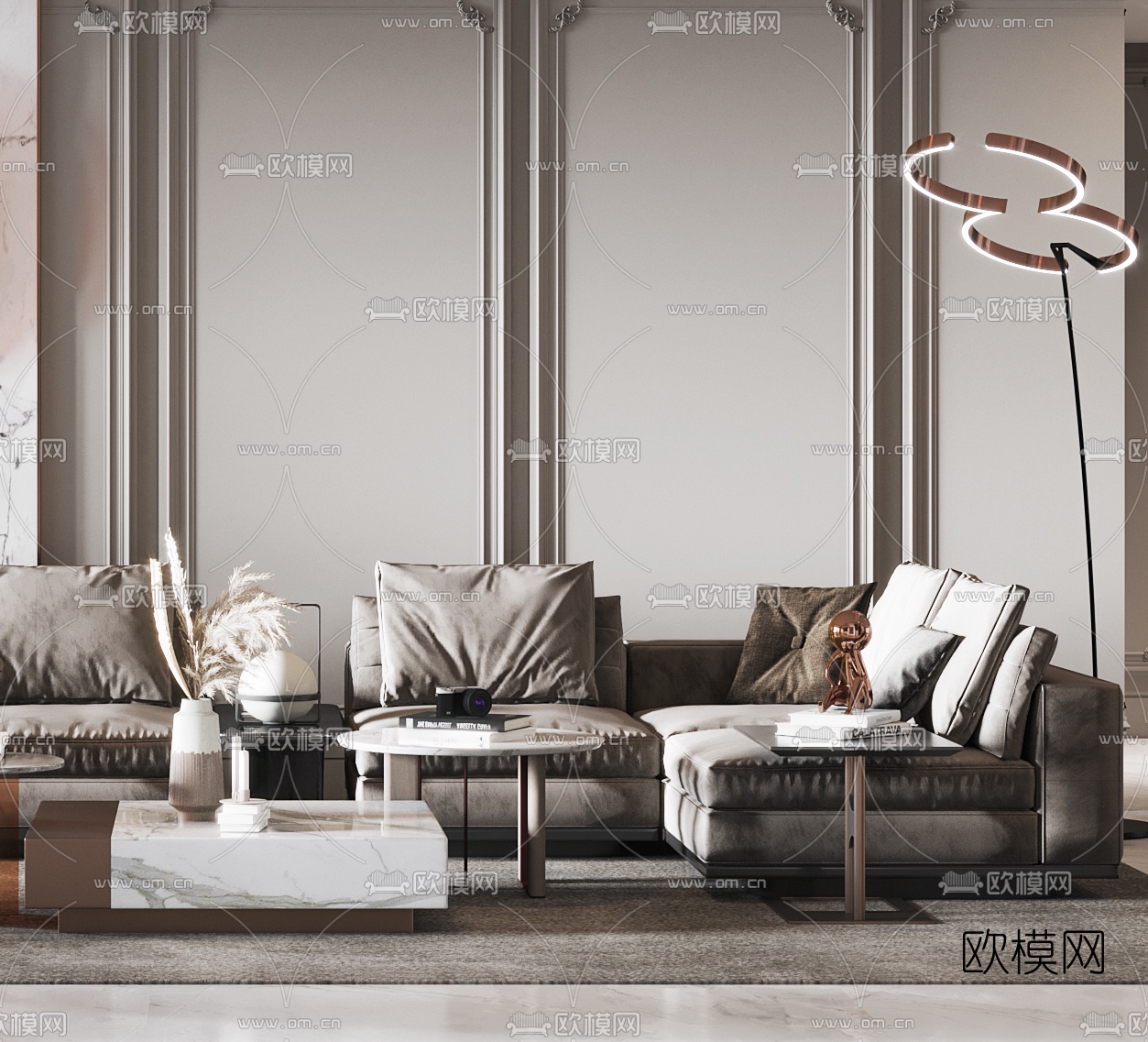 法式布艺转角沙发组合3d模型下载（渲染图3）