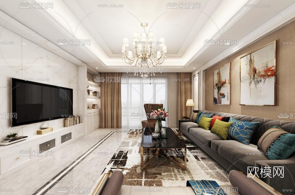 简欧客厅餐厅全景3D模型-免费3dmax模型库-欧模网
